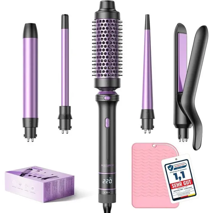 Kit coiffage 5 en 1 voyage lisseur + boucleur + brosse thermique 9–25 mm température réglable