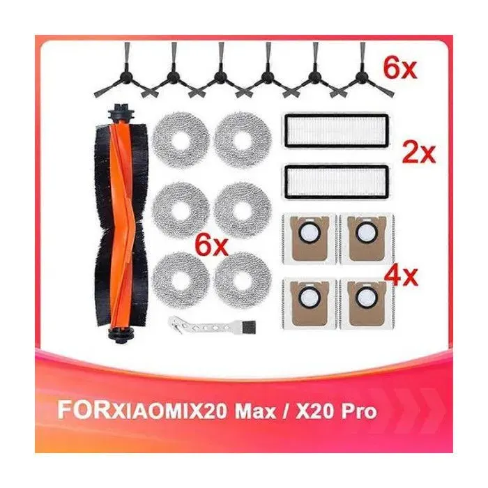 Kit dAccessoires aspirateur robot Xiaomi X20 Max/X20 Pro: brosse princ./filtres HEPA/serpillères/sacs à poussière/brosses latérales