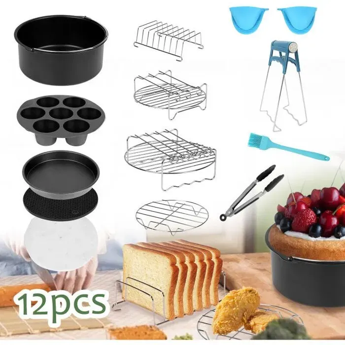 Kit daccessoires pour Friteuse à Air Électrique en Acier Inoxydable 12pcs 8 Pouces Label