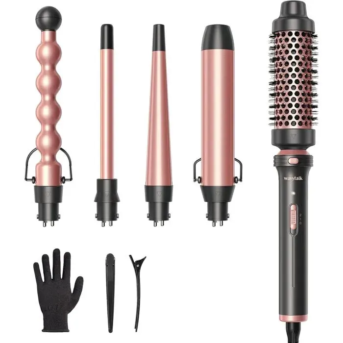 Kit fer à friser 5 en 1 embouts 13–32 mm brosse + pinces incluses revêtement céramique gant thermique