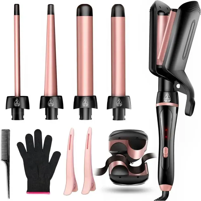 Kit fer à vagues 5 en 1 barils interchangeables 0.35–1.25 effet wavy grandes vagues chauffage rapide tous types de cheveux
