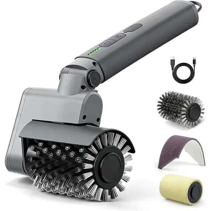Kit Nettoyeur Barbecue Électrique 3-en-1 Sans Fil - 450 TR/Min Autonomie 120 Min IPX7 - Têtes Acier Renforcé Brosses Amovibles La