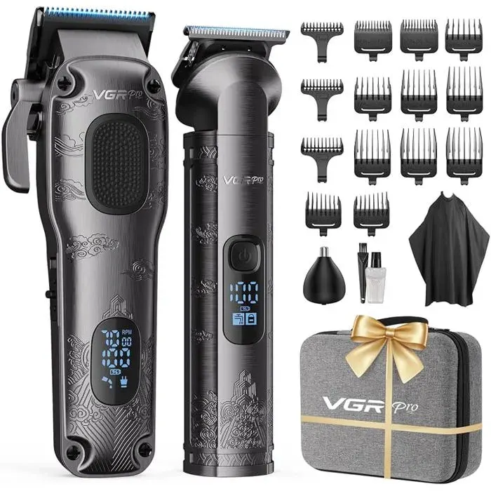 Kit Tondeuse Cheveux Hommes Professionnelle et TrimmerÉtui EVA Tondeuse Cheveux Sans Fil pour Coupe de CheveuxGray
