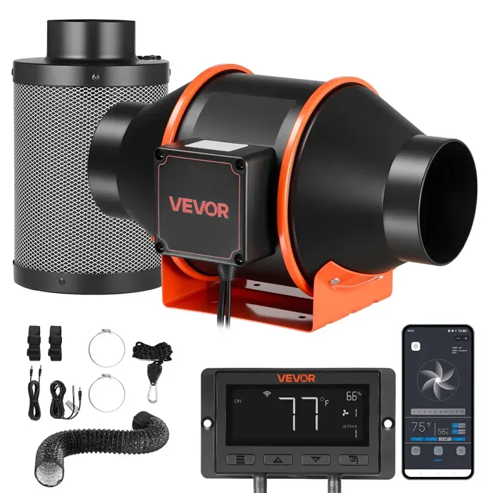 Kit Ventilateur de Gaine à Flux Mixte-VEVOR-avec Filtre à Charbon 349 m³/h 10 Vitesses Moteur EC Contrôle App