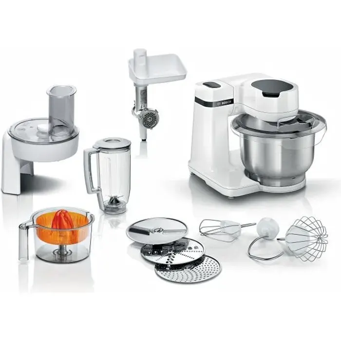 Kitchen machine Serie 2 BOSCH - Robot de cuisine - 700W - 4 vitesses + turbo - Bol mélangeur inox 38 L - Blender 125 L - Blanc