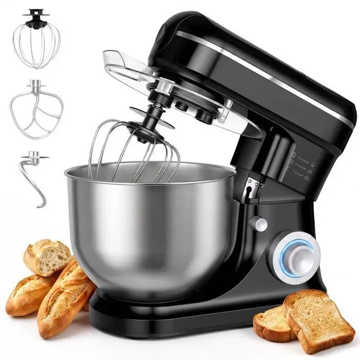 KITYTETY Robot Pâtissier 1500W 6 Vitesses + Pulse Robot pétrin multifonction 6 L Batteur/Fouet/Crochet Robot de cuisine - Noir