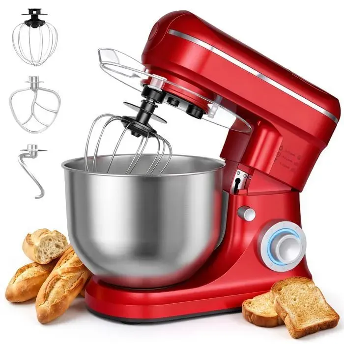 KITYTETY Robot Pâtissier 1500W 6 Vitesses + Pulse Robot pétrin multifonction 6 L Batteur/Fouet/Crochet Robot de cuisine - Rouge