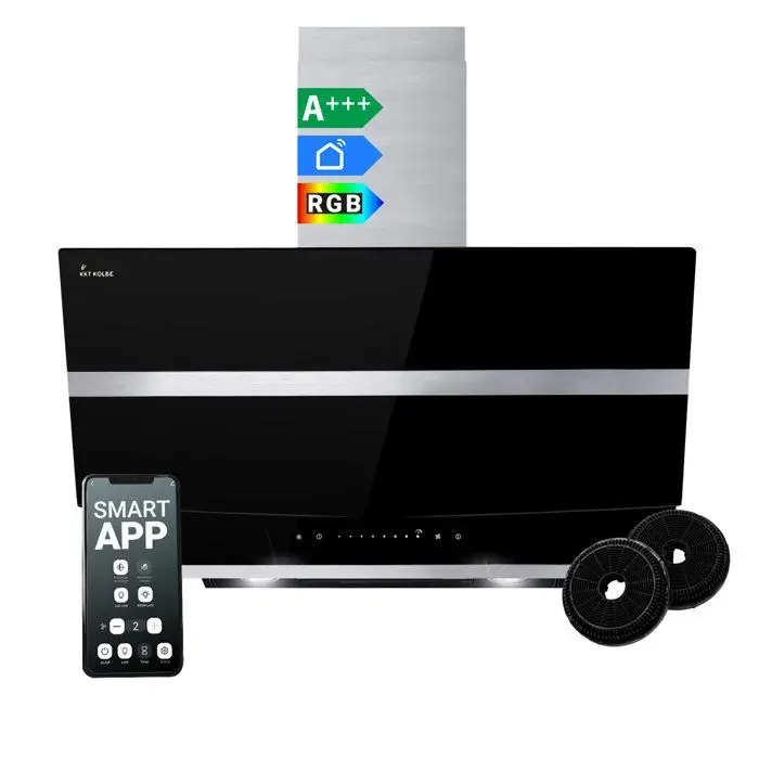 KKT KOLBE Hotte aspirante 80 cm Murale inclinée Inox & verre noir WiFi LED RVB Commande tactile HERMES8005SM