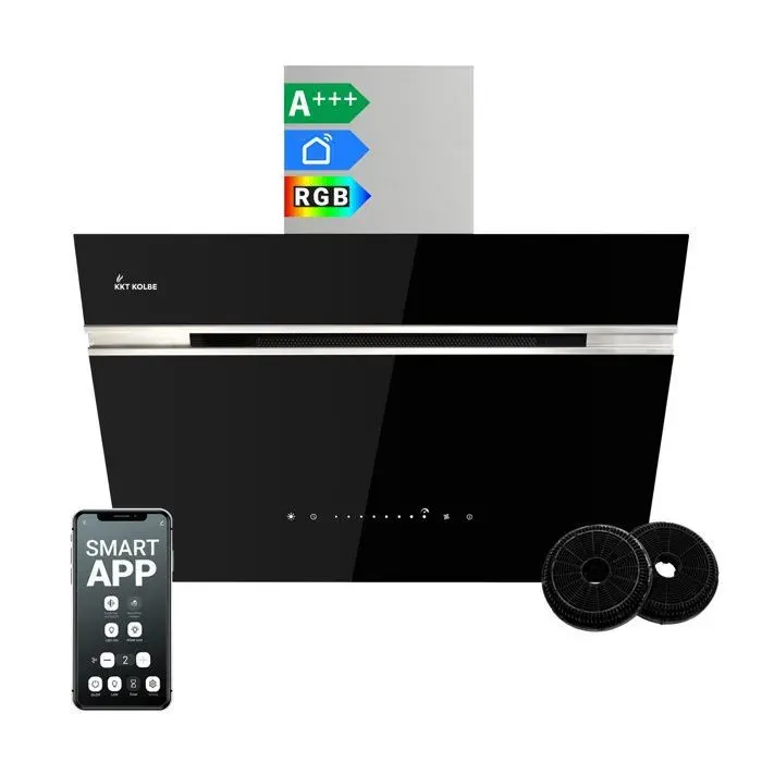 KKT KOLBE Hotte murale inclinée 60 cm A+++ 782 m³/h évacuation recyclage WiFi verre inox noir LED RGBW AURORA6005SE