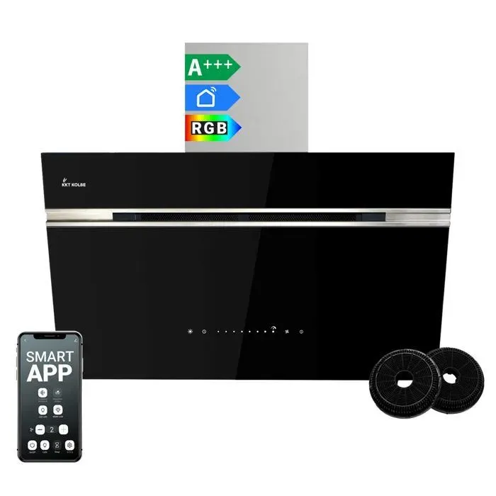 KKT KOLBE Hotte murale inclinée 80 cm A+++ 782 m³/h évacuation recyclage verre inox noir WiFi LED RGBW AURORA8005SE