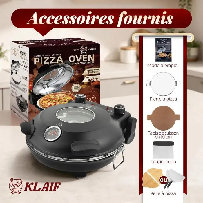 KLAIF Four à Pizza Électrique Noir 12 Pouces 425°C 1200W Double Contrôle Haut/Bas Pierre Céramique Kit Pizza Complet