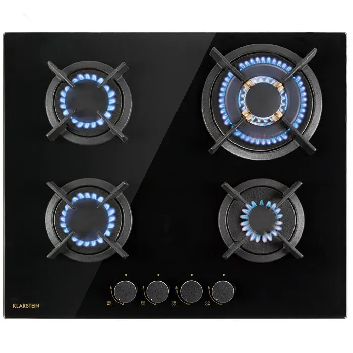 Klarstein Goldflame 4 plaque de cuisson gaz 4 feux brûleurs en laiton vitrocéramique noire