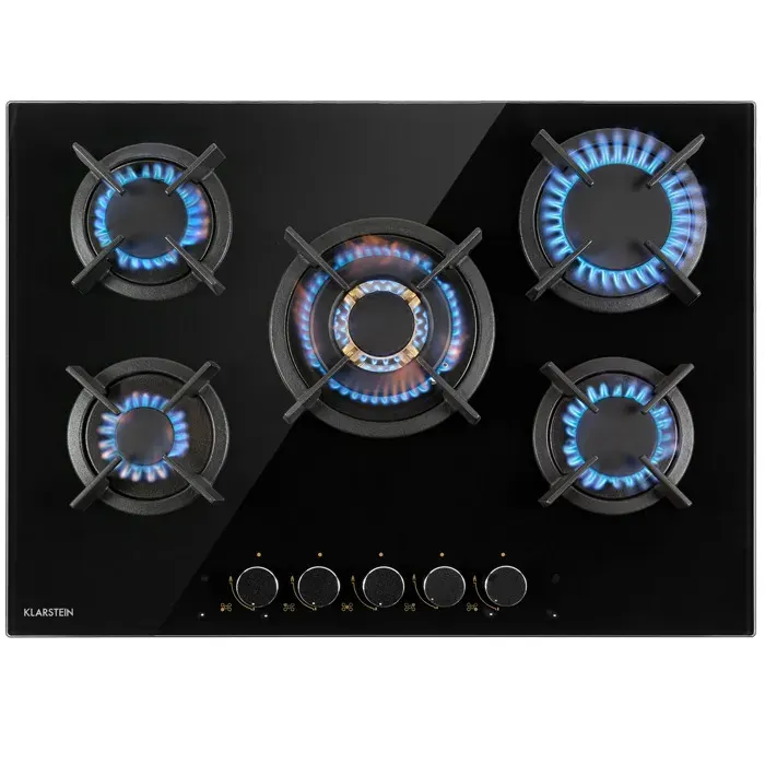 Klarstein Goldflame 5 plaque de cuisson gaz 5 feux brûleurs en laiton vitrocéramique noire