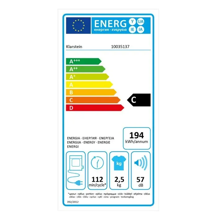 Klarstein Jet Set 2500 sèche-linge par extraction dair 850 W CEE C 25 kg 50 cm blanc