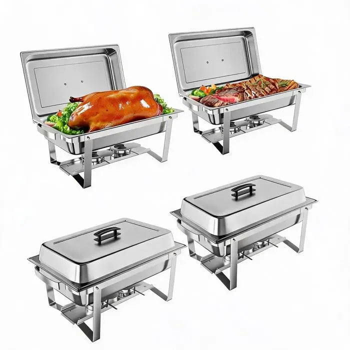 KOIOPLIE Lot 4 Chafing Dish Rectangulaires 9L Inox - Réchaud Buffet avec Bac à Eau et Couvercle - Traiteur/Mariage/Banquet - Argent