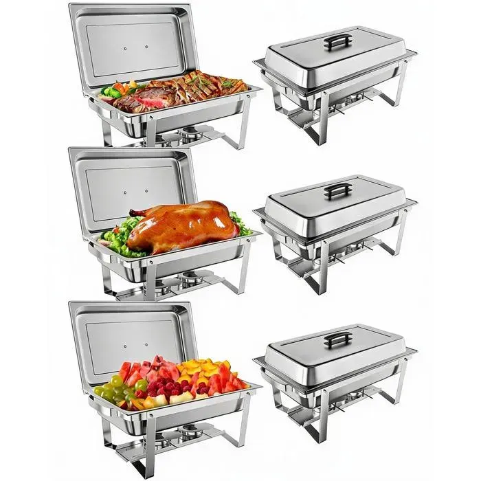 KOIOPLIE Lot 6 Chafing Dish Rectangulaires 9L Inox - Réchaud Buffet avec Bac à Eau et Couvercle - Traiteur/Mariage/Banquet - Argent