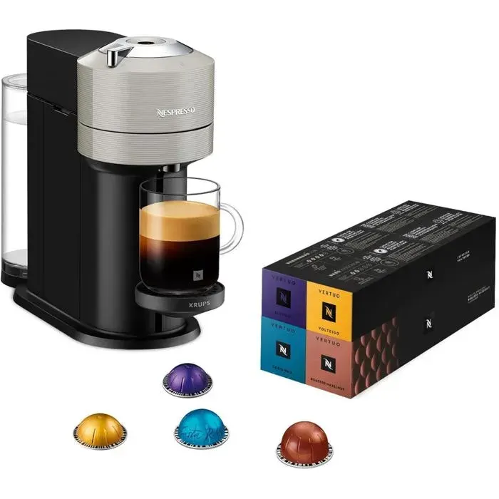 Krups Vertuo Next YY5902FD Cafetière Capsule 52 Capsules Offertes Technologie Centrifusion 5 Tailles De Tasses Gris Clair