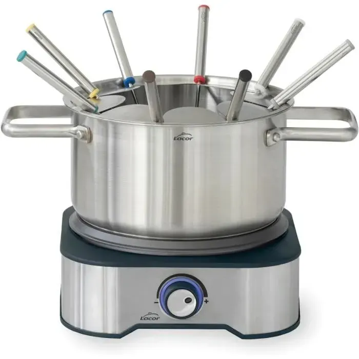 Lacor 69399 Fondue électrique 1500W · Pot inox 12 L amovible · 8 fourchettes · Thermodiffuseur · Thermostat