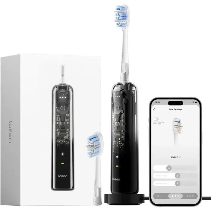 LAIFEN - WAVE PRO Polish et transparent - Brosse à dents électrique - Produit connecté - 2 programmes - Noir