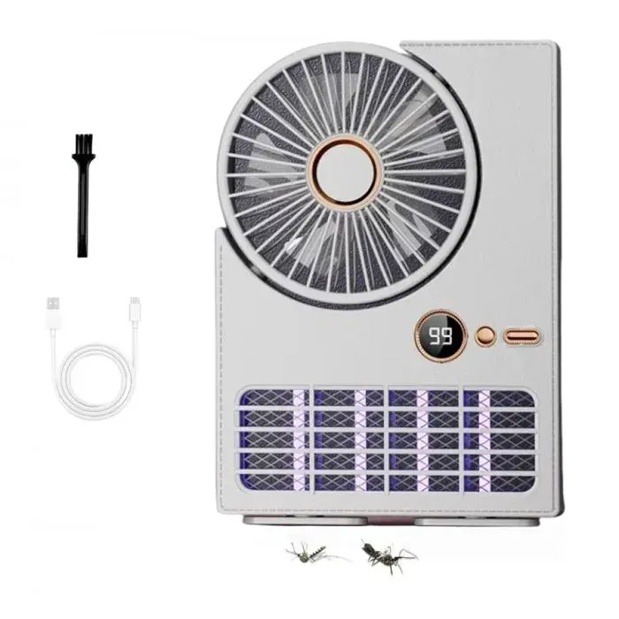 Lampe anti-moustiques avec ventilateur (blanche) piège UV 2 en 1 batterie 3000 mAh 5 vitesses de ventilation fonctio