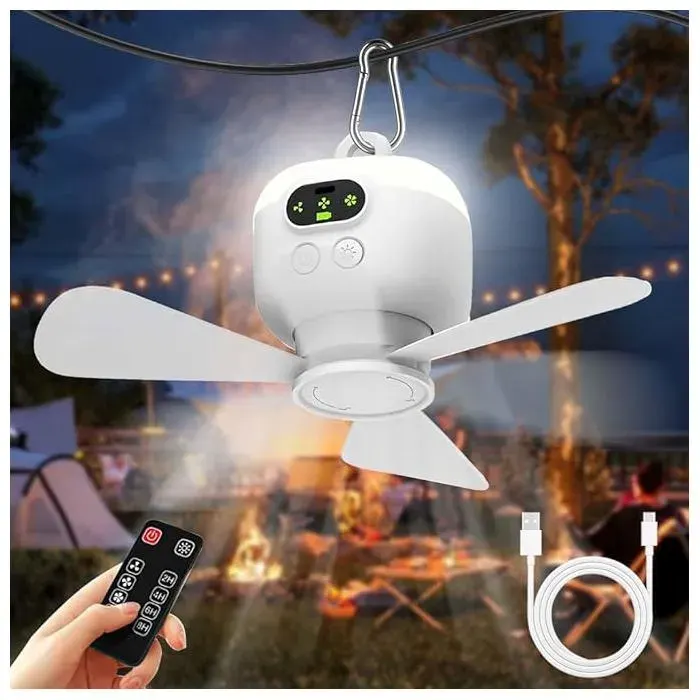 Lampe Ventilateur de Camping USB Rechargeable Ventilateur Plafond avec Télécommande 3 Vitesses pour Tente LED
