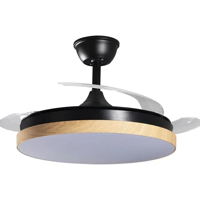 Lampe Ventilateur de Plafond Noir et Bois avec pales rétractables 3 Couleurs de lumières et télécommande Ø106 x 36-53 cm