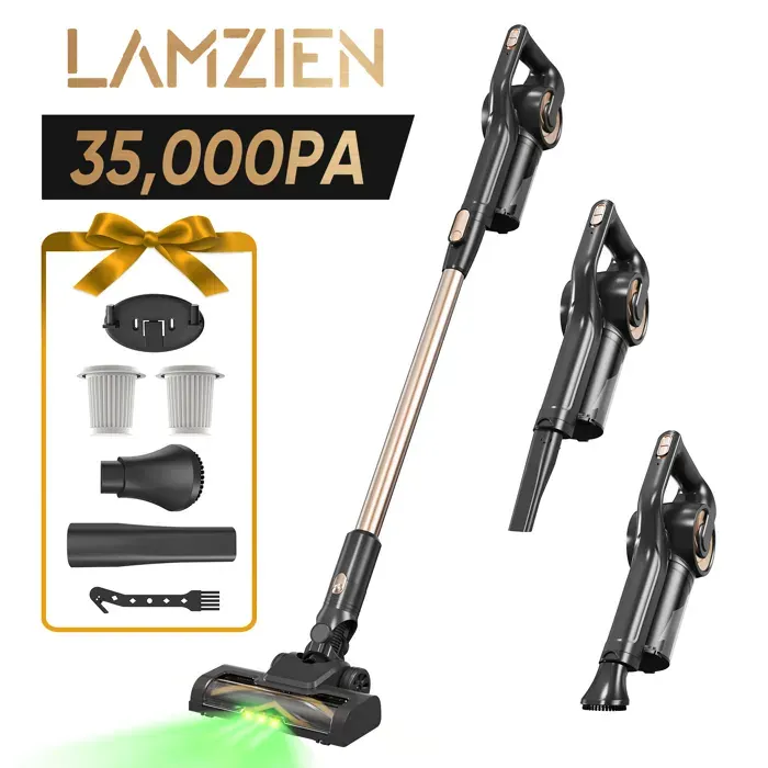 LAMZIEN Aspirateur balai sans fil 35KPA/40 min autonomie - Brosse anti-emmêlement - Lumière LED Verte - léger