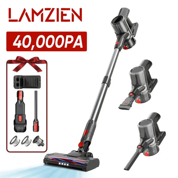 LAMZIEN Aspirateur Balai Sans Fil 40Kpa/45Min/6 En 1 Écran LED Pour Poils Danimaux sols Durs et Moquettes