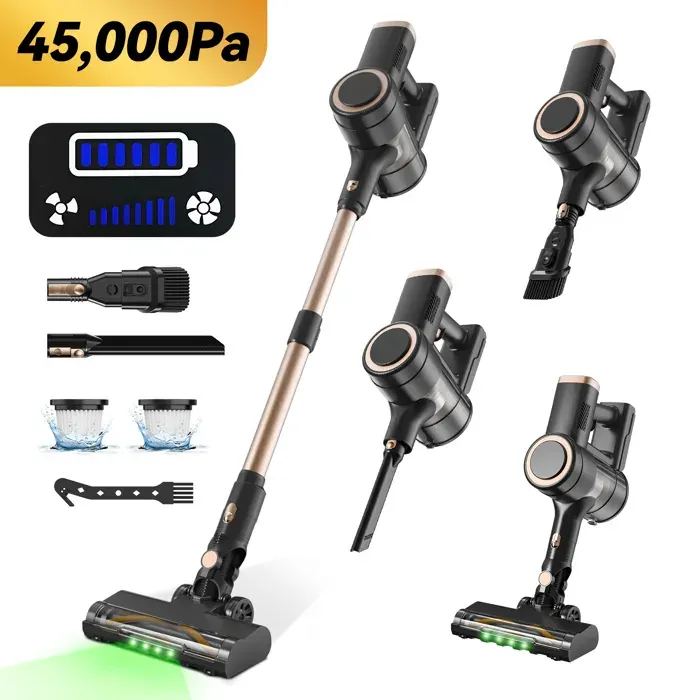 LAMZIEN Aspirateur balai sans fil 45KPA/45min autonomie Brosse Anti-Enchevêtrement Lumière LED Verte Debout autonome léger