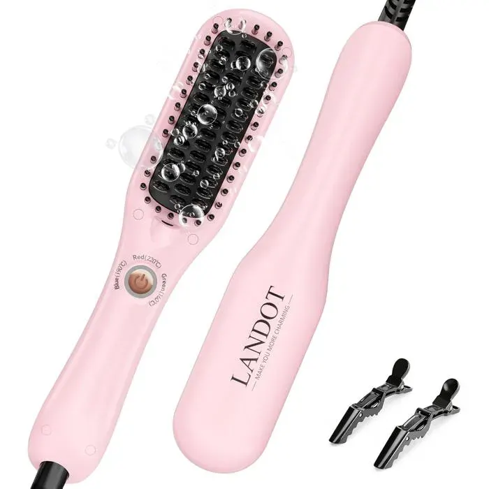 LANDOT Mini Brosse Lissante 2 en 1 Fer à Lisser & Brosse Compacte pour Voyages Cheveux Courts à Mi-Longs