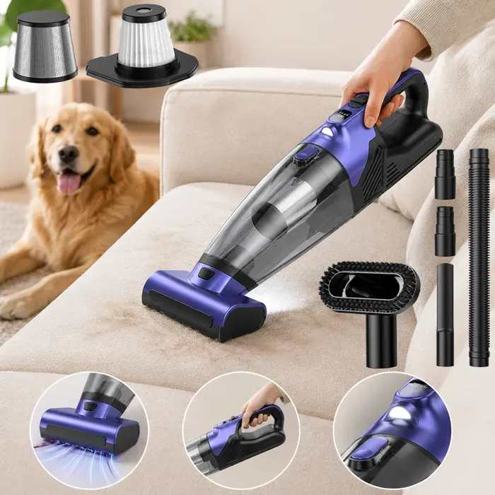 LAPAMAX Aspirateur à main sans fil 20000Pa pour poils d’animaux aspirateur voiture avec brosse LED Violet 1 Pack