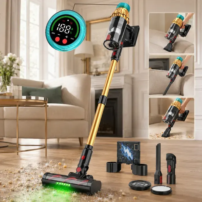 LAPAMAX Aspirateur balai sans fil V10 Max 50KPa 650W aspirateur puissant 8-en-1 avec écran LED autonomie 60 min Or