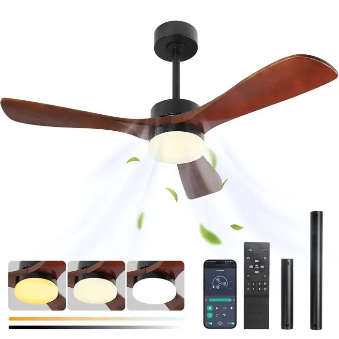 LAPAMAX Ventilateur de plafond avec lumière LED 132 cm télécommande et appli pales bois moteur DC silencieux marron