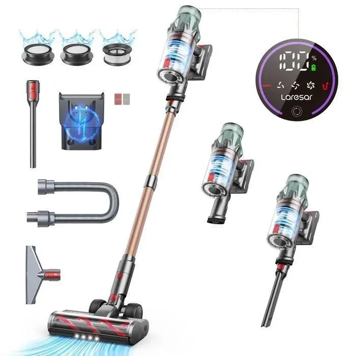 Laresar Aspirateur Balai sans Fil 65KPa/600W/70 MinsTuyau Extensible 1M Parfumé Chargement Mural Poils dAnimaux/Tapis/Voiture