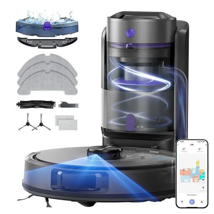 Laresar L30 Aspirateur Robot Laveur 15000Pa avec Station sans Sac Vidage Automatique Navigation LiDAR Connecté APP/Alexa