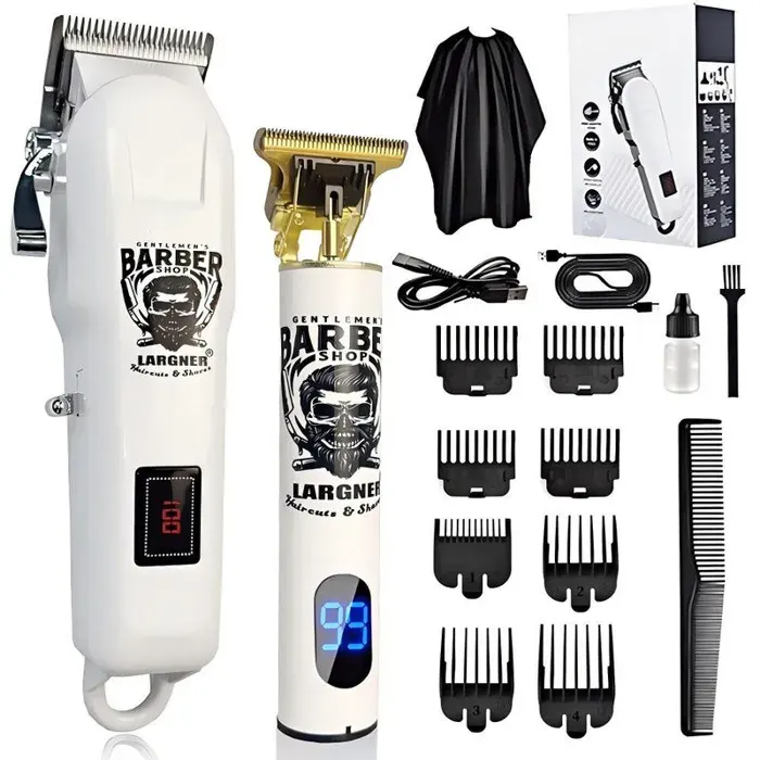 LARGNER Duo de Tondeuses Professionnelles Blanche - Tondeuse Haute Précision et Sculptrice de Barbe Rechargeable USB