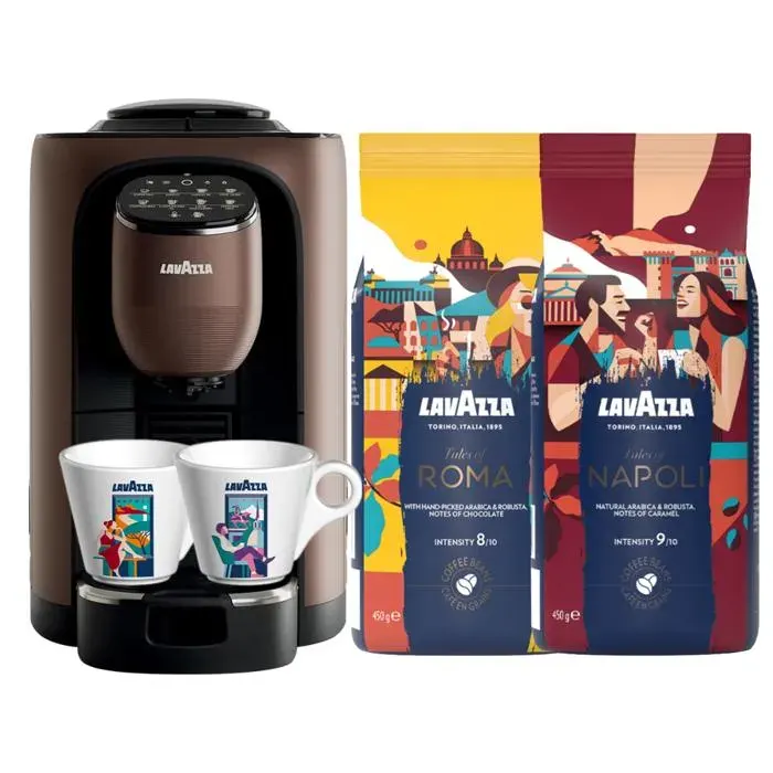 Lavazza - Machine Assoluta et 450g de café en grain Tales of Napoli et Tales of Roma avec 1 set de 2 tasses Lavazza et 1 mug Lavazza