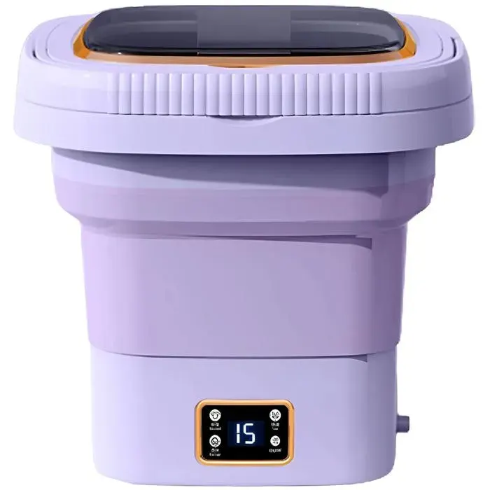 Lave-linge compact capacité 9 litres avec vidange minuterie affichage numérique pliable pour faciliter le transport violet