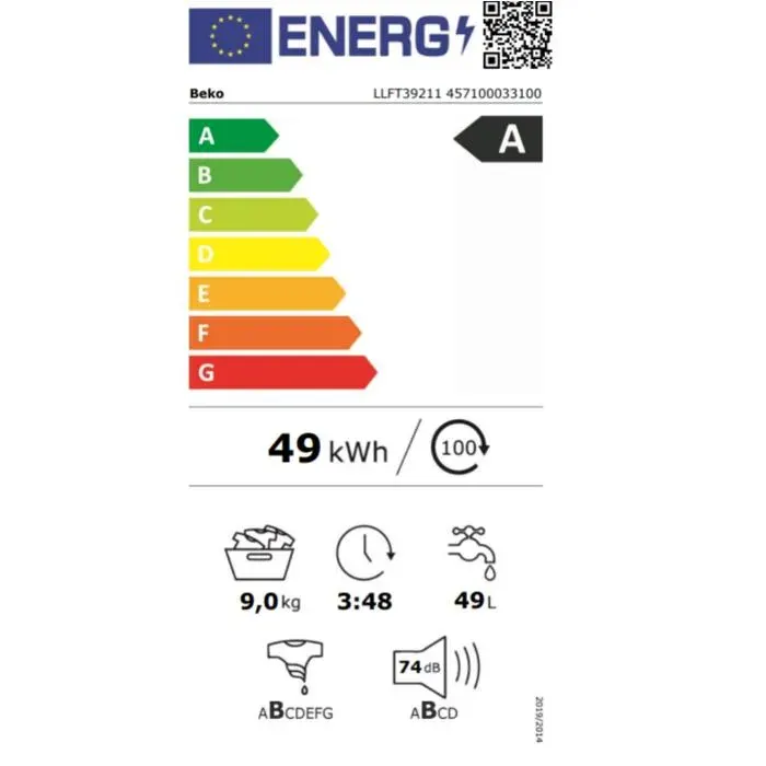 Lave-linge frontal blanc - Beko - 9 kg - Moteur ProSmart™ Inverter - Classe énergétique A - Technologie EnergySpin