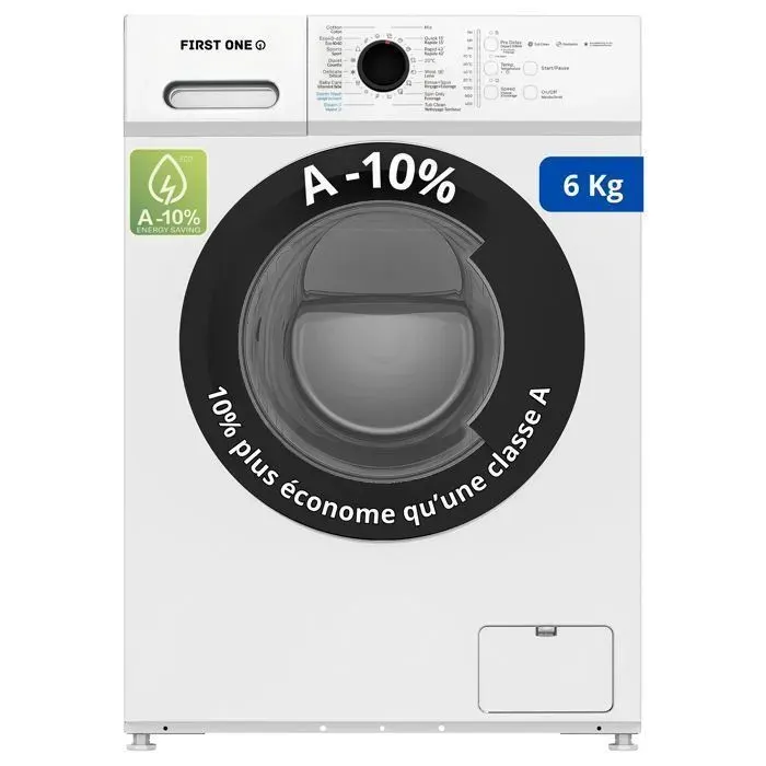 Lave-linge frontal FIRST ONE FLL61000WH - 6 Kg - 1000 tr/mn - 16 programmes - Eco - Intensif - Rapide – Très Faible conso