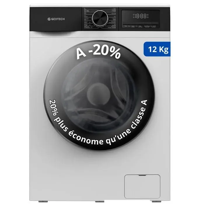 Lave-linge frontal GEDTECH GLL121400WH - 12 Kg - 1400 trmn - 16 programmes - Eco - Intensif - Rapide Trs Faible conso