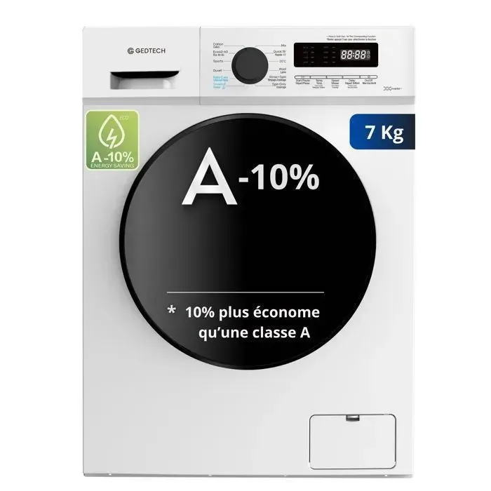 Lave-linge frontal GEDTECH GLL71200WH - 7 Kgs - 1200 tr/mn - 16 programmes - Eco - Intensif - Rapide – Très Faible conso