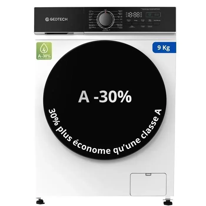 Lave-linge frontal GEDTECH GLL91400WH - 9 Kgs - 1400 tr/mn - 16 programmes - Eco - Intensif - Rapide – Très Faible conso A-30% — coloris Blanche
