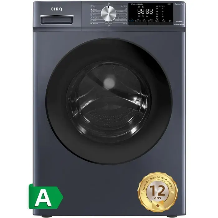 Lave-linge hublot CHiQ 8kg - Classe A - Moteur BLDC 12 ans - Vapeur - 1400 trs/min - 16 programmes
