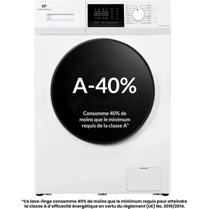 Lave-linge hublot CONTINENTAL EDISON CELL10140WA40 - 10 kg - Induction - L60 cm - Classe A - 1400 trs - Blanc