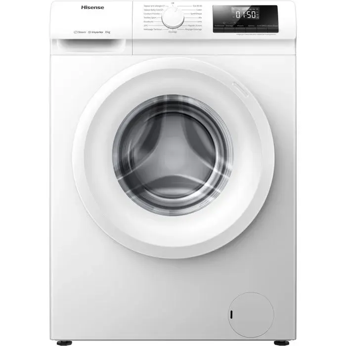 Lave-linge hublot HISENSE WFLE8014EVM - 8 kg - Induction - 1400 trs/min - Classe A - Vapeur - Quick wash - Blanc