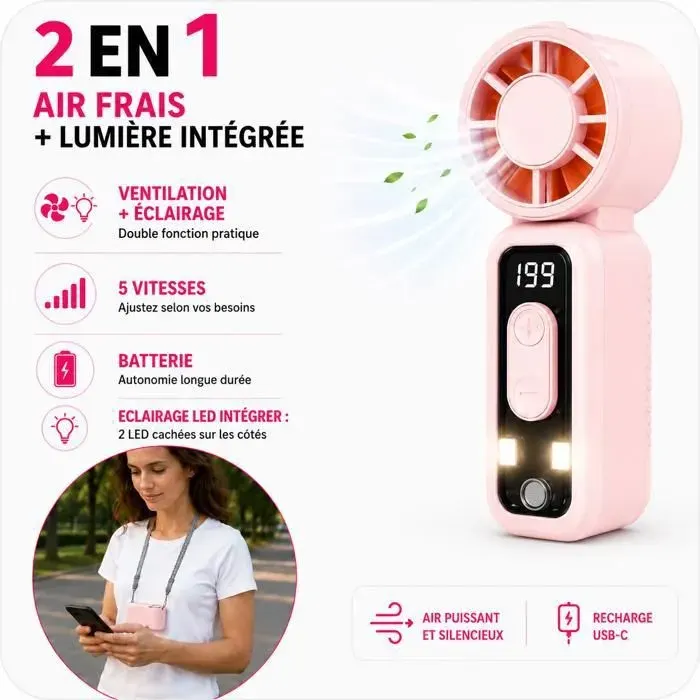 LBDC Mini Ventilateur Portable Rose Sans Fil USB-C LED 5 Vitesses Batterie 1200 mAh