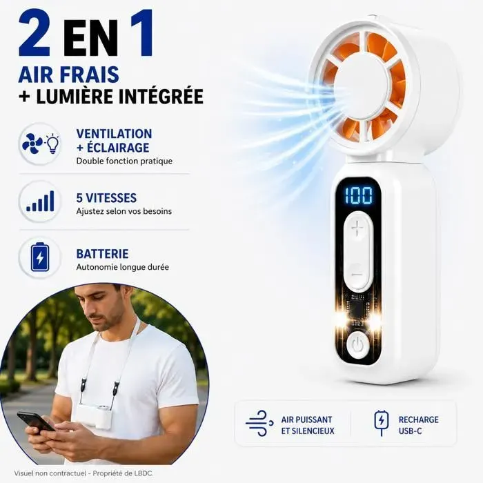 LBDC Mini Ventilateur Portable Sans Fil Blanc 2-en-1 LED USB-C 1200 mAh 5 Vitesses Tour de Cou