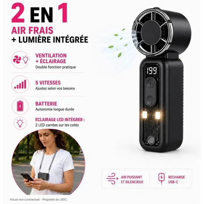 LBDC Mini Ventilateur Portable Sans Fil Noir Rechargeable USB-C LED 5 Vitesses 1200 mAh