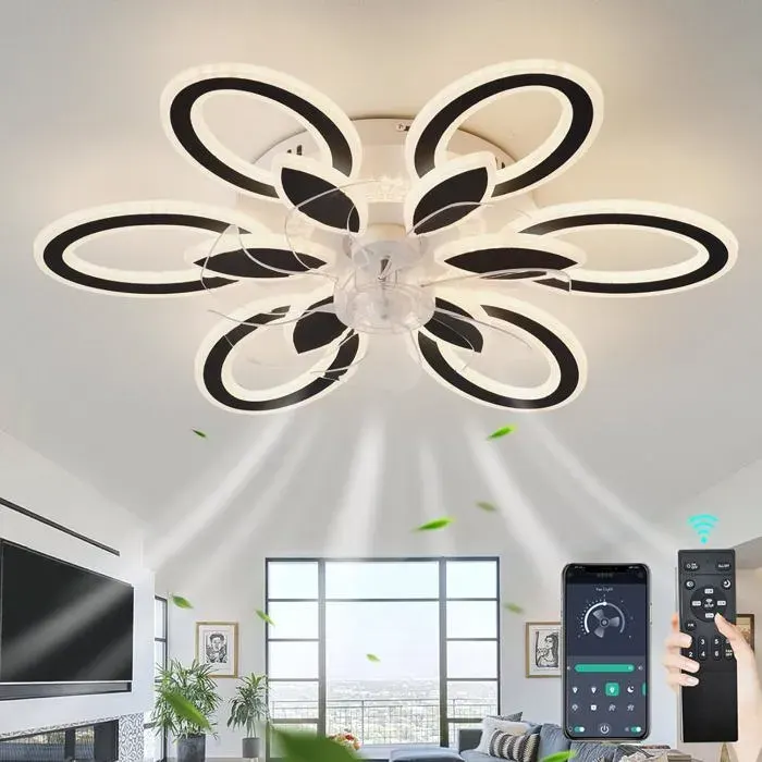 LED Lampe Ventilateur Plafond Silencieux Réversible 6 Vitesses Luminaire VentilateurDimmable Timer Ventilateur PlafondNoir